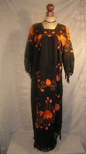 VTG BLACK EMBROIDERED MEXICAN COTTON DRESS WITH FRINGES  