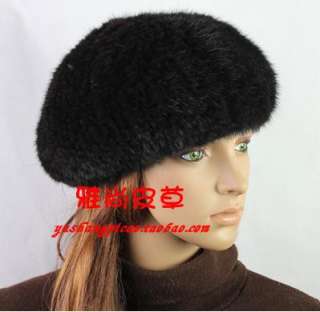 new womens real genuine mink fur warm black beret hat cap TOP FASHION 