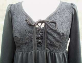 70s VINTAGE HIPPIE Boho MAXI DRESS Black EMPIRE GOTH GLAM  