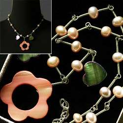 Cultured Pearl Nacre flower beaded Handmade necklace  