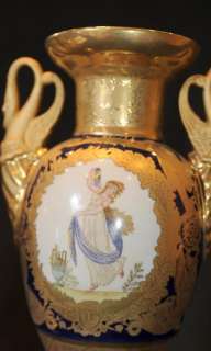 Gold Enamel Sevres Swan Maiden Urns Vases Porcelain  