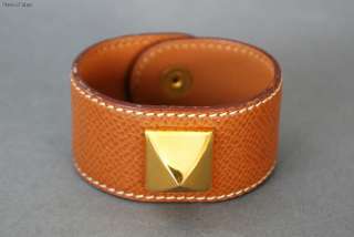 Authentic HERMES Medor Bangle Bracelet Cuff Brown x Leather Goldtone w 