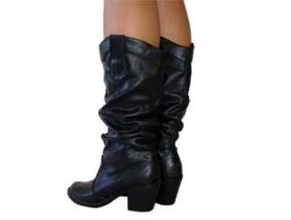 Sexy Cowgirl Western Slouchy Mid Calf Slip in Boots Blk  