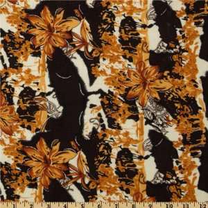 54 Wide Rayon Challis Floral Pumpkin/Black/MetallicSilver Fabric By 