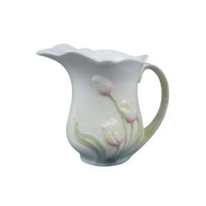  4.75 inch Glazed White and Pale Blue Porcelain Pink Tulip 