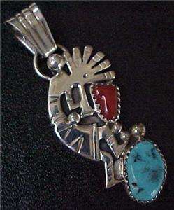 NAVAJO Signed RB Sterling Silver KOKOPELLI Turquoise Coral Pendant COA 