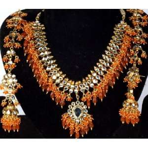  Kundan Necklace with Orange Glass Beads and Earwrap Jhumka Earrings 