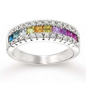    14k White Gold Rainbow Gemstone 1/6 Carat Diamond Ring Jewelry