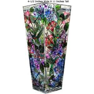 Amia Painted Stained Art Glass Flower Vase   Lilacs and Hummingbirds 