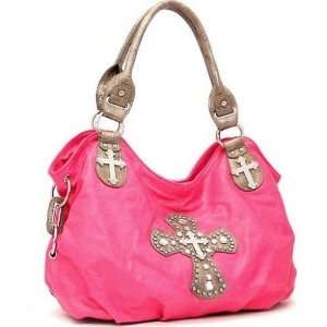  Rhinestone Cross Hot Pink Handbag Purse Tote Satchel 