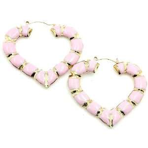  Gold Pink Bamboo Heart Shape Hoop Earrings Jewelry