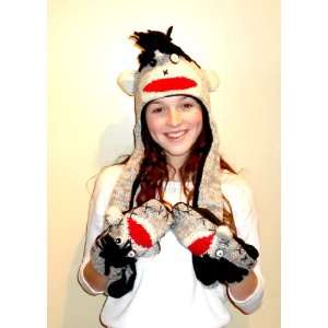  Black Sock Monkey Hat with Scarf and Mittens Attached 