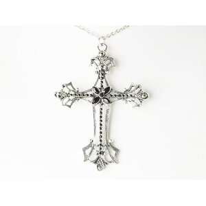 Abstract Flourish Floral Accented Holy Cross Silver Tone Fancy Pendant 