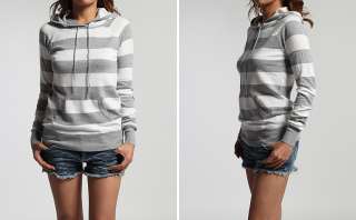 CHIC Casual Ladies Knitted Stripe Long Sleeve Pullover HOODIE Sweater 