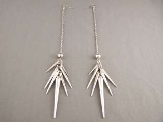Silver tone Spike extra super 8 long earrings chain dangle Spiked 