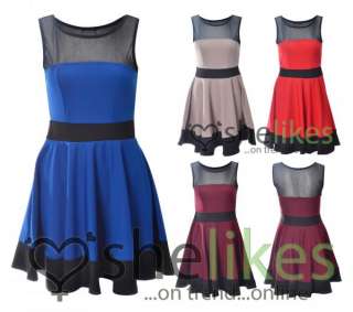 Womens Sleeveless Contrast Skater Dress Ladies Front Cut Out Mesh 