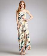 Bags yellow watercolor floral print jersey halter maxi dress style 