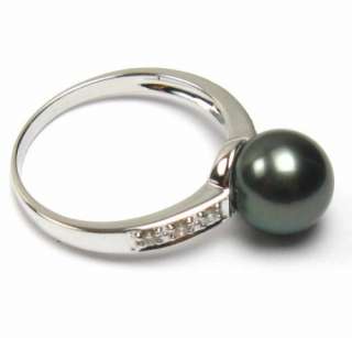 9mm Tahitian Black Pearl 2.0g 14K White Gold 0.08CT Diamond Ring 