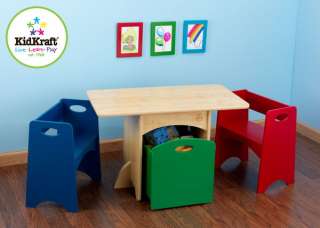New Multi Color Kids Toy Storage Bin Box Table and Two Benches 