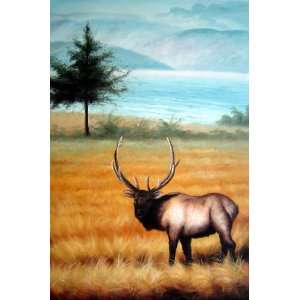  Male Bull Elk in Golden Autumn Field Oil Painting 36 x 24 