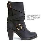   Leather Wrap Strap Cowgirl Cowboy Slouch Hi Heel Calf Boot Black Brown