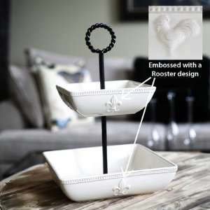  Rooster 2 Tier Bowl Stand Antique White and Black with 