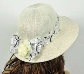 Elegant Satin Bow Hemp Straw Summer Dress Hat Cream  