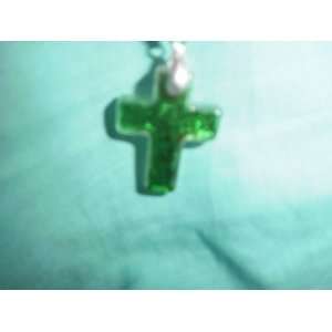  Italian Murano Style Fire Glass Necklace   Green Cross 