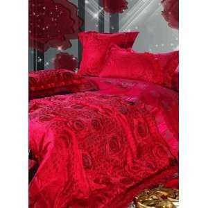  4 pc Comfortable Red Imitated Silk Duvet Cover Bedding Set 