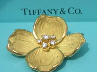 TIFFANY & CO. 18K YELLOW GOLD DIAMOND DOGWOOD BROOCH PIN RARE  