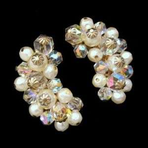 LAGUNA Large Vintage Crystal Faux Pearl Beads Clip Earrings Silvertone 