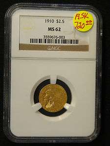   50 NGC MS62 Gold Indian Head US Coin 2 1/2 Dollar Quarter Eagle  