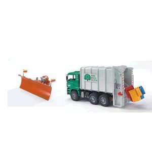  Garbage Truck Rear Loading Green with Snow Plow Bundle 