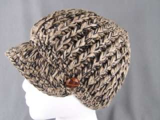   Black chunky knit button ski brim hat cap beanie winter crochet  
