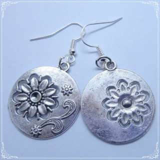 28MM Tibetan Silver Metal Flower Carved Coin Dangle Hook Earrings New 