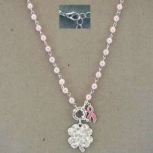 Breast Cancer Pink Ribbon Necklace with Clover Charm 