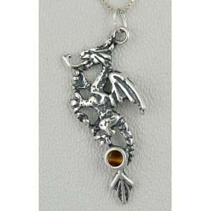  Rampant Dragon in Sterling Silver Accented with a Genuine Tiger Eye 