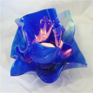 Cobalt Blue Iridized Glass Vase Candle Floral Dish  