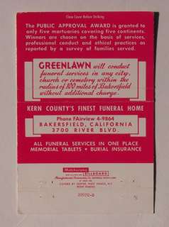 1950s Matchbook Greenlawn Mortuary Bakersfield CA Kern  