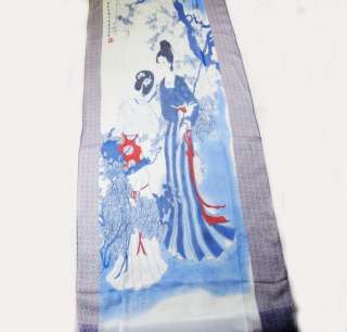 Blue Edge Oblong Silk Scarf Ancient Chinese painting  