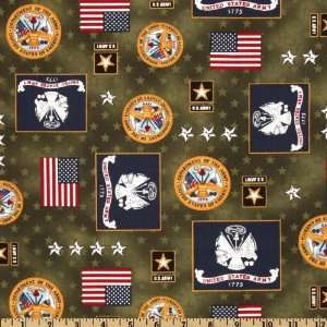  44 Wide Patriots U.S. Army Emblems Olive Fabric By The 