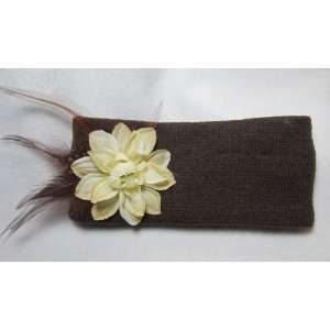  Brown Winter Ear Warmer Knit Headband with Tan Dahlia 