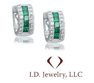 14K WHITE GOLD INVISIBLE SET EMERALD AND DIAMOND HUGGIE EARRINGS