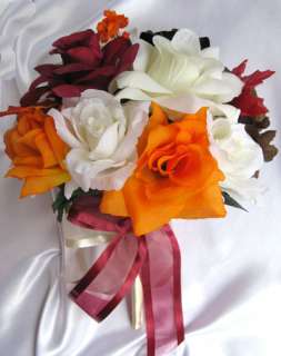   Bouquet wedding silk flowers FALL BROWN ORANGE BURGUNDY IVORY  