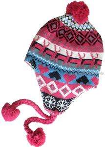 Womens Girls Knit Winter Snow Ski Hat Ear flaps Pom Lined Beanie Peru 