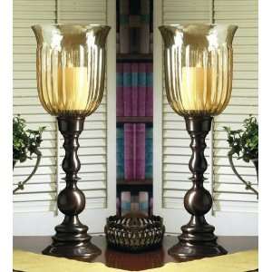   Bronze Hurricane with Amber Fluted Glass, Set of 2