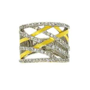 Sterling Silver 925 Gold Plated Wide Lattice Pattern Sparkling Clear 