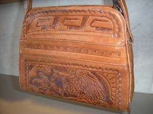 VINTAGE HAND TOOLED LEATHER PURSE LEATHER POCKETBOOK W/ EAGLE FRONT 
