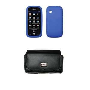 Black Leather Case Pouch with Belt Clip and Belt Loops + Blue Silicone 