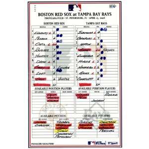  Red Sox at Rays 4 25 2008 Game Used Lineup Card (MLB Auth 